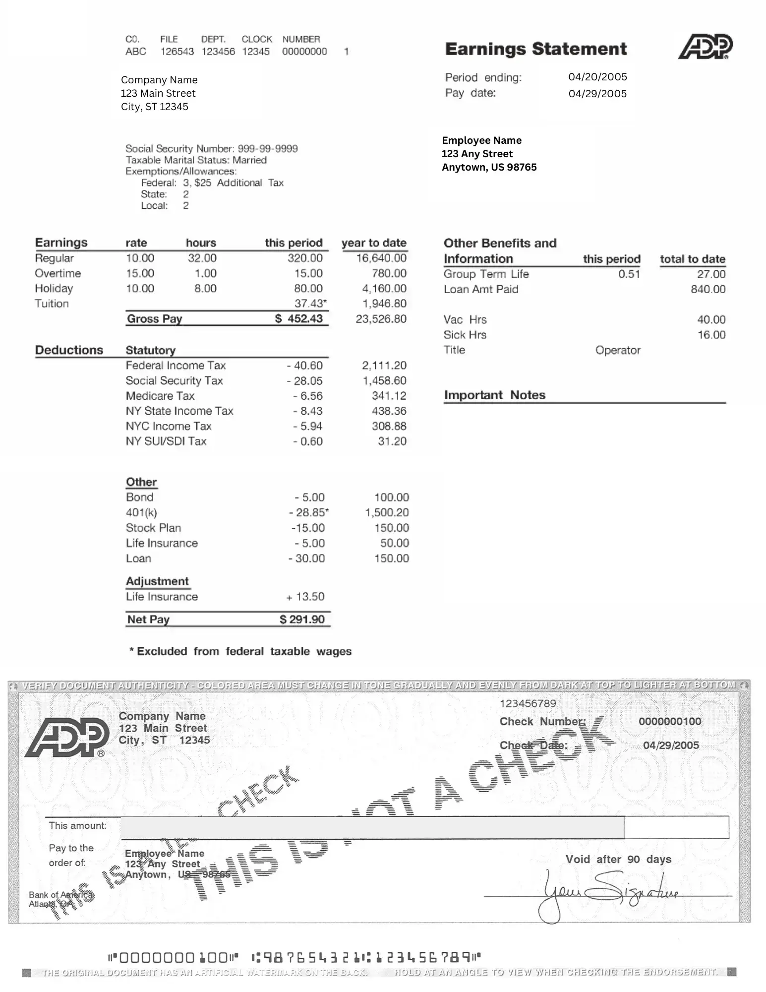ADP Pay Stub Template